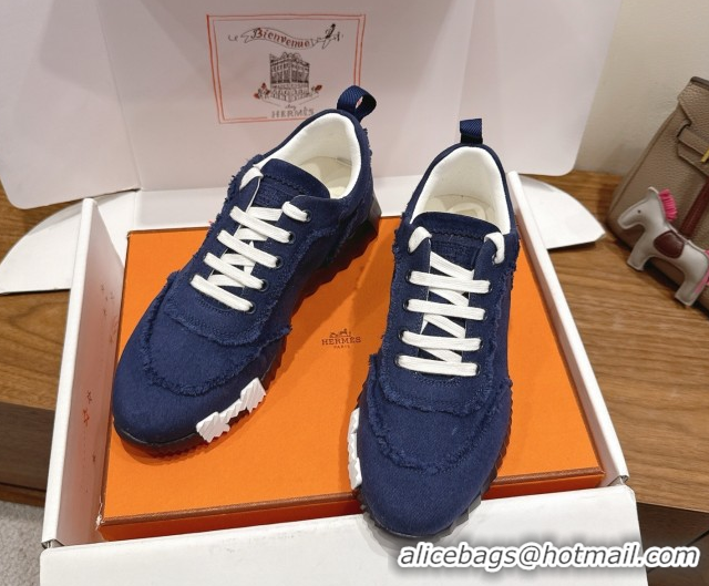 Classic Hot Hermes Bouncing Sneakers in Fringed H Canvas Navy Blue 1222064 2026