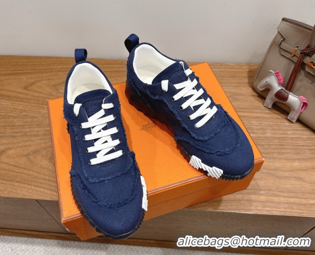Classic Hot Hermes Bouncing Sneakers in Fringed H Canvas Navy Blue 1222064 2026