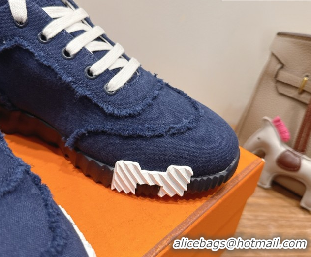 Classic Hot Hermes Bouncing Sneakers in Fringed H Canvas Navy Blue 1222064 2026