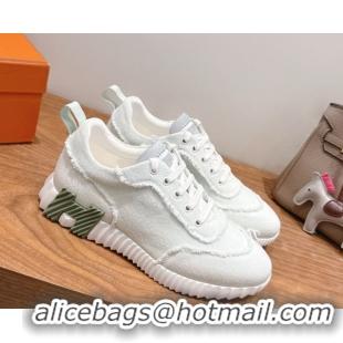 Good Quality Hermes Bouncing Sneakers in Fringed H Canvas White/Green 1222071 2026