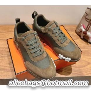 Top Grade Hermes Bouncing Sneakers in Cotton Canvas and Suede Green/Brown c2026