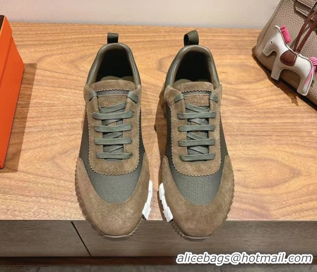 Top Grade Hermes Bouncing Sneakers in Cotton Canvas and Suede Green/Brown c2026