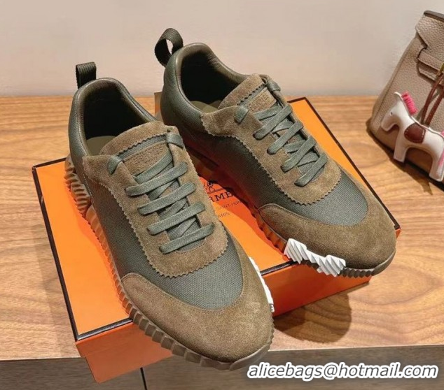 Top Grade Hermes Bouncing Sneakers in Cotton Canvas and Suede Green/Brown c2026