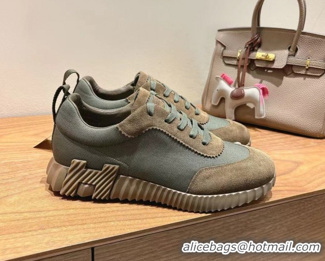 Top Grade Hermes Bouncing Sneakers in Cotton Canvas and Suede Green/Brown c2026