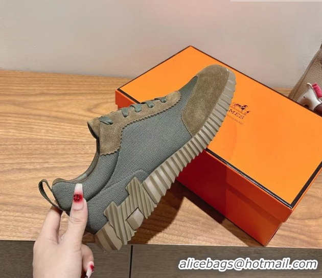 Top Grade Hermes Bouncing Sneakers in Cotton Canvas and Suede Green/Brown c2026