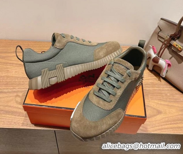 Top Grade Hermes Bouncing Sneakers in Cotton Canvas and Suede Green/Brown c2026