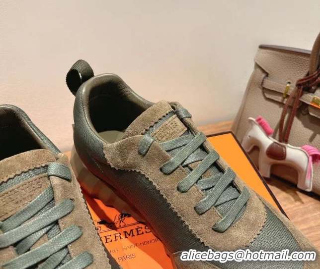 Top Grade Hermes Bouncing Sneakers in Cotton Canvas and Suede Green/Brown c2026