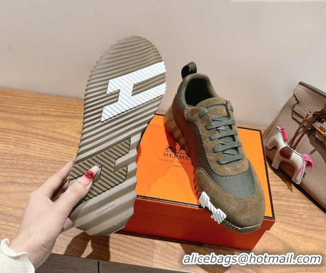 Top Grade Hermes Bouncing Sneakers in Cotton Canvas and Suede Green/Brown c2026