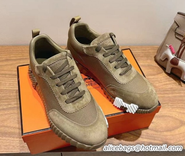 Sumptuous Hermes Bouncing Sneakers in Cotton Canvas and Suede Khaki 1222076 2026