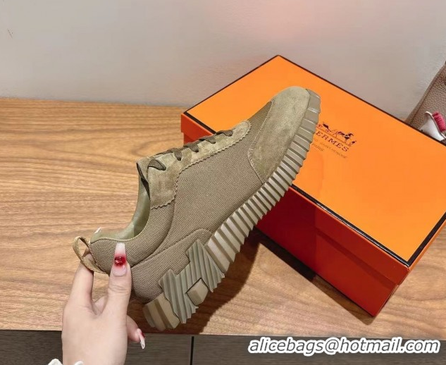 Sumptuous Hermes Bouncing Sneakers in Cotton Canvas and Suede Khaki 1222076 2026