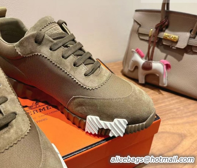Sumptuous Hermes Bouncing Sneakers in Cotton Canvas and Suede Khaki 1222076 2026