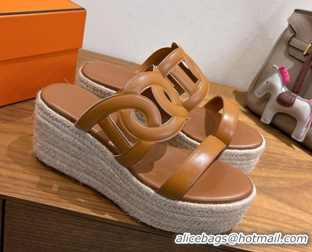 Big Discount Hermes Lipari Wedge Slides Sandal in Calfskin Leather Brown 1222086 2026