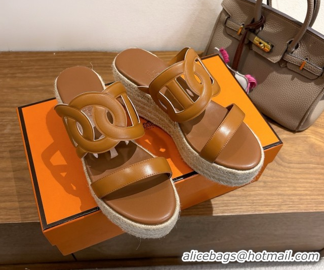 Big Discount Hermes Lipari Wedge Slides Sandal in Calfskin Leather Brown 1222086 2026