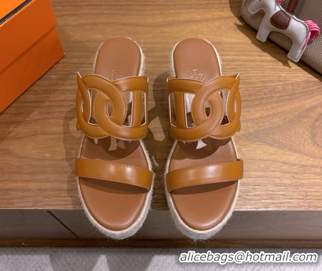 Big Discount Hermes Lipari Wedge Slides Sandal in Calfskin Leather Brown 1222086 2026