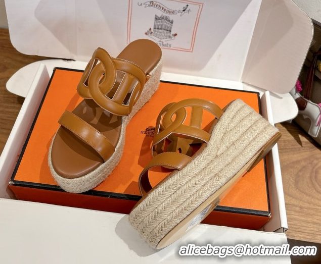 Big Discount Hermes Lipari Wedge Slides Sandal in Calfskin Leather Brown 1222086 2026