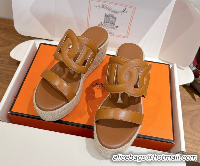Big Discount Hermes Lipari Wedge Slides Sandal in Calfskin Leather Brown 1222086 2026