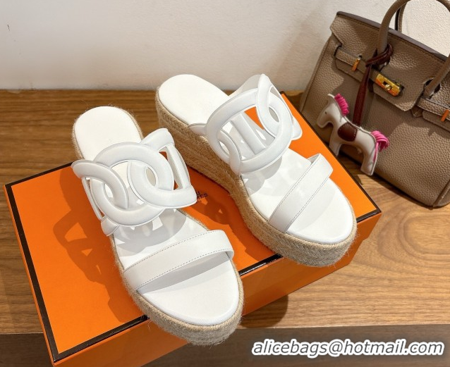 Super Quality Hermes Lipari Wedge Slides Sandal in Calfskin Leather White 1222087 2026