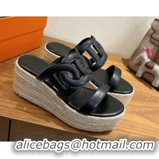 Good Taste Hermes Lipari Wedge Slides Sandal in Calfskin Leather Black 1222089 2026