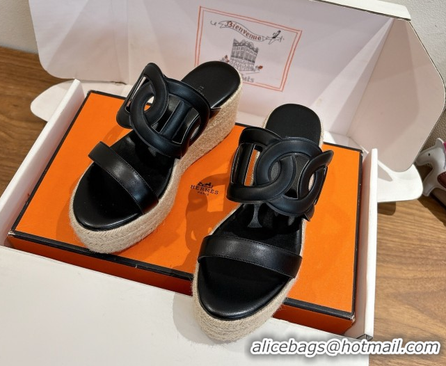 Good Taste Hermes Lipari Wedge Slides Sandal in Calfskin Leather Black 1222089 2026