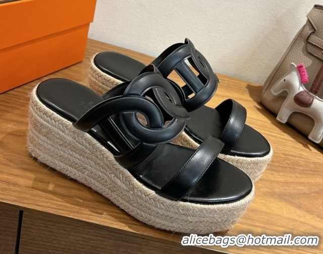 Good Taste Hermes Lipari Wedge Slides Sandal in Calfskin Leather Black 1222089 2026