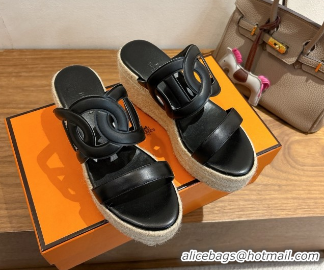 Good Taste Hermes Lipari Wedge Slides Sandal in Calfskin Leather Black 1222089 2026