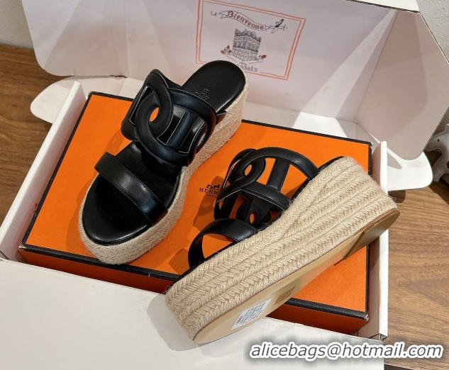 Good Taste Hermes Lipari Wedge Slides Sandal in Calfskin Leather Black 1222089 2026