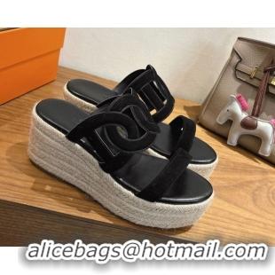 Top Quality Hermes Lipari Wedge Slides Sandal in Suede Black 1222092 2026