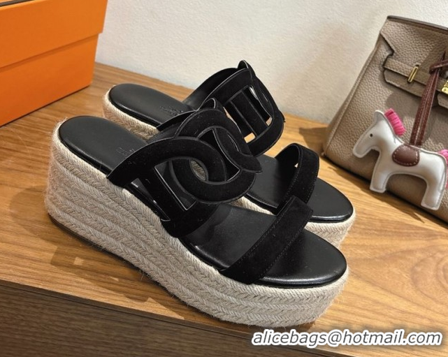 Top Quality Hermes Lipari Wedge Slides Sandal in Suede Black 1222092 2026