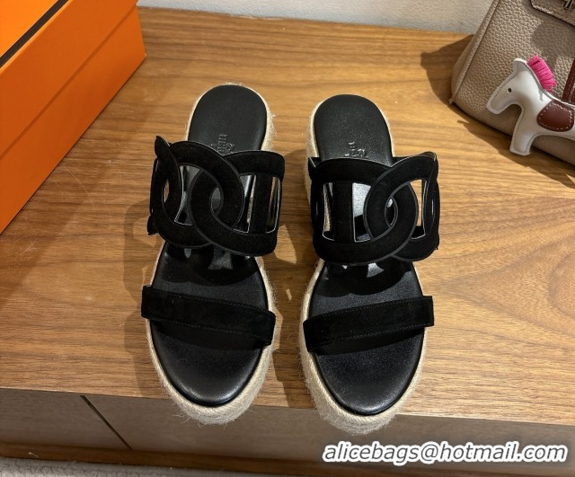 Top Quality Hermes Lipari Wedge Slides Sandal in Suede Black 1222092 2026