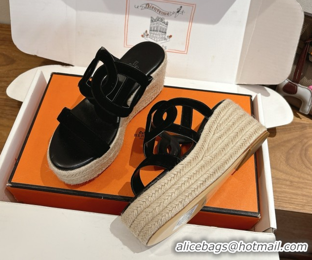 Top Quality Hermes Lipari Wedge Slides Sandal in Suede Black 1222092 2026