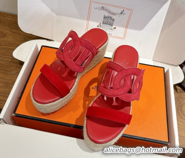 Affordable Price Hermes Lipari Wedge Slides Sandal in Suede Red 1222093 2026