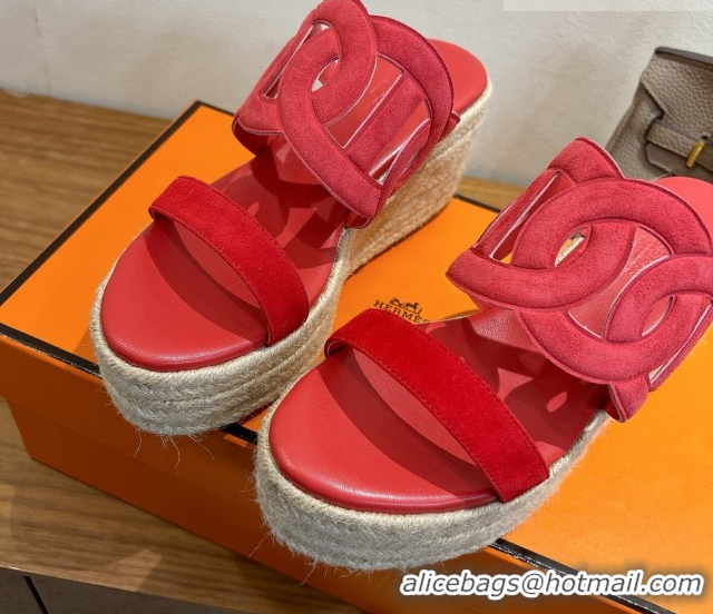 Affordable Price Hermes Lipari Wedge Slides Sandal in Suede Red 1222093 2026