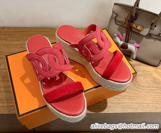 Affordable Price Hermes Lipari Wedge Slides Sandal in Suede Red 1222093 2026