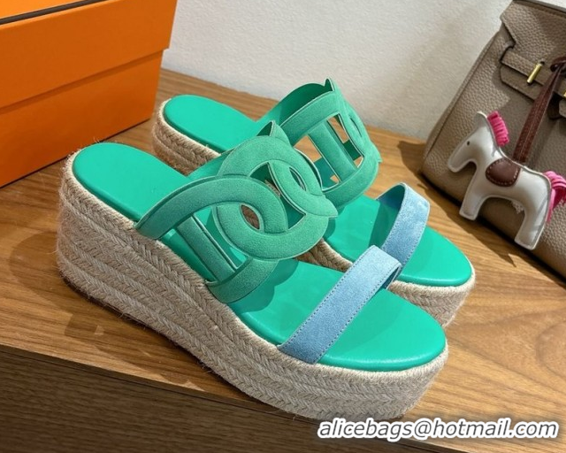Cheap Hermes Lipari Wedge Slides Sandal in Suede Green/Blue 1222094 2026