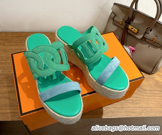 Cheap Hermes Lipari Wedge Slides Sandal in Suede Green/Blue 1222094 2026