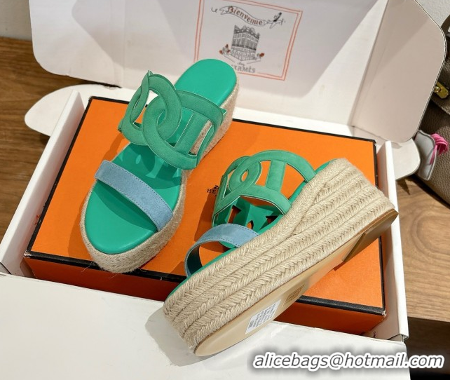 Cheap Hermes Lipari Wedge Slides Sandal in Suede Green/Blue 1222094 2026