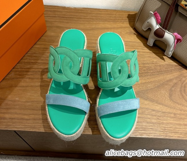 Cheap Hermes Lipari Wedge Slides Sandal in Suede Green/Blue 1222094 2026