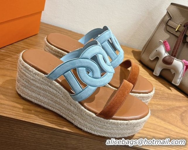Low Price Hermes Lipari Wedge Slides Sandal in Suede Blue/Brown 1222095 2026