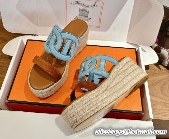Low Price Hermes Lipari Wedge Slides Sandal in Suede Blue/Brown 1222095 2026