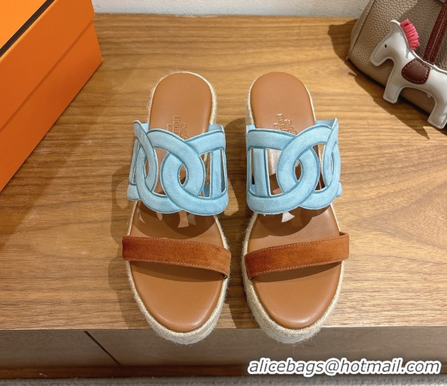Low Price Hermes Lipari Wedge Slides Sandal in Suede Blue/Brown 1222095 2026