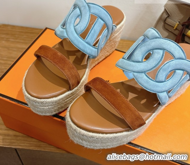 Low Price Hermes Lipari Wedge Slides Sandal in Suede Blue/Brown 1222095 2026