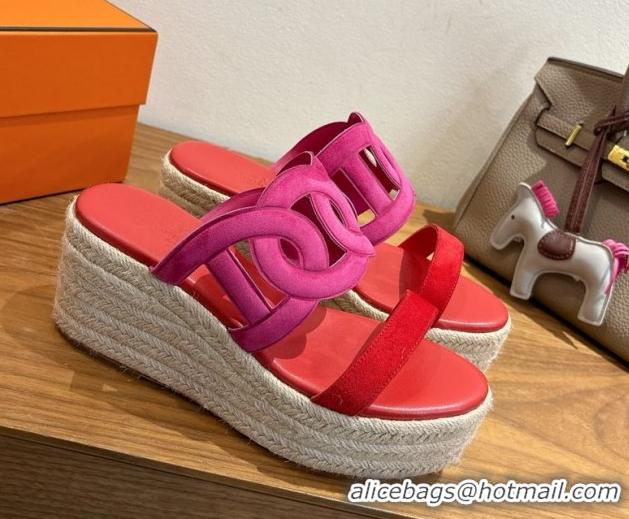 Elegant Hermes Lipari Wedge Slides Sandal in Suede Red/Pink 1222096 2026