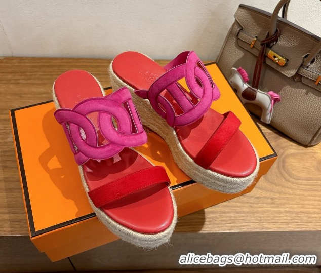 Elegant Hermes Lipari Wedge Slides Sandal in Suede Red/Pink 1222096 2026