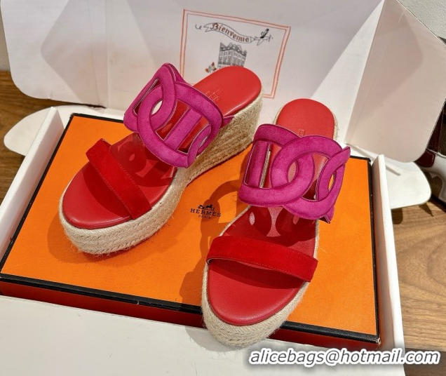Elegant Hermes Lipari Wedge Slides Sandal in Suede Red/Pink 1222096 2026