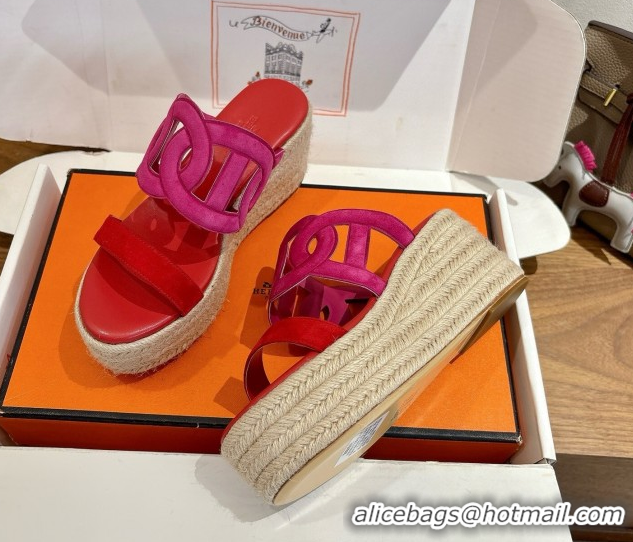 Elegant Hermes Lipari Wedge Slides Sandal in Suede Red/Pink 1222096 2026