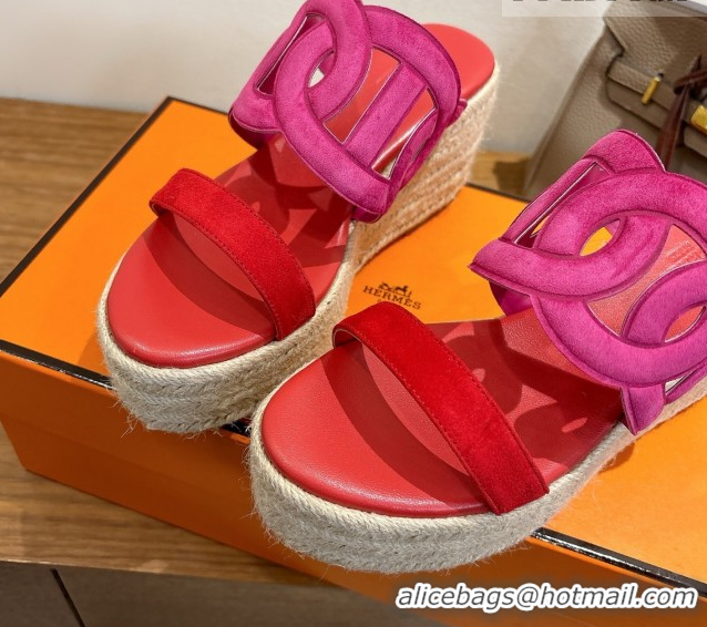 Elegant Hermes Lipari Wedge Slides Sandal in Suede Red/Pink 1222096 2026