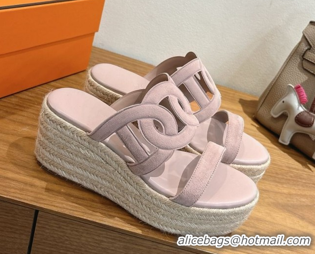 Grade Hermes Lipari Wedge Slides Sandal in Suede Powder Pink 1222098 2026