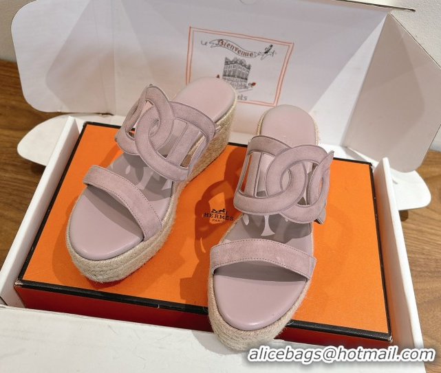 Grade Hermes Lipari Wedge Slides Sandal in Suede Powder Pink 1222098 2026