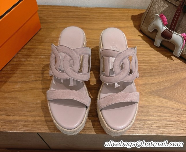 Grade Hermes Lipari Wedge Slides Sandal in Suede Powder Pink 1222098 2026