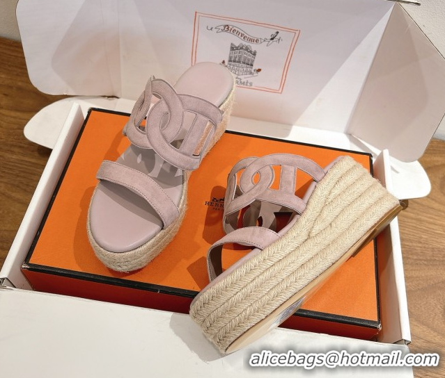 Grade Hermes Lipari Wedge Slides Sandal in Suede Powder Pink 1222098 2026